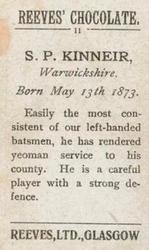 1912 Reeve's Chocolate Cricketers #11 Septimus Kinneir Back