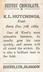 1912 Reeve's Chocolate Cricketers #16 Kenneth Hutchings Back
