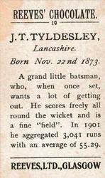 1912 Reeve's Chocolate Cricketers #19 John Tyldesley Back