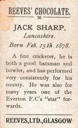1912 Reeve's Chocolate Cricketers #20 Jack Sharp Back