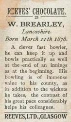 1912 Reeve's Chocolate Cricketers #23 Walter Brearley Back