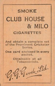 1924 G. G. Goode Club House & Milo Prominent Cricketers #NNO Arthur Gilligan Back