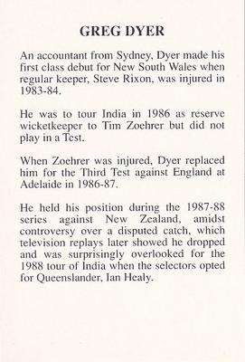 1993 The Great Test Match Card Game #NNO Greg Dyer Back