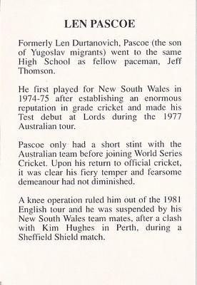 1993 The Great Test Match Card Game #NNO Len Pascoe Back