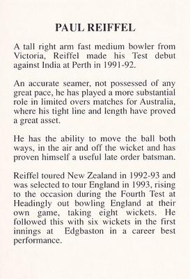 1993 The Great Test Match Card Game #NNO Paul Reiffel Back