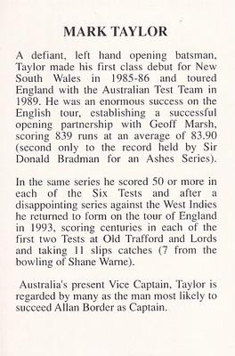 1993 The Great Test Match Card Game #NNO Mark Taylor Back