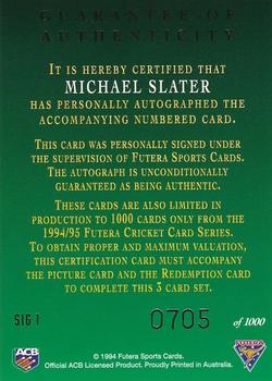 1994-95 Futera Cricket - Signature Series Certificate of Authenticity #Sig 1 Michael Slater Back