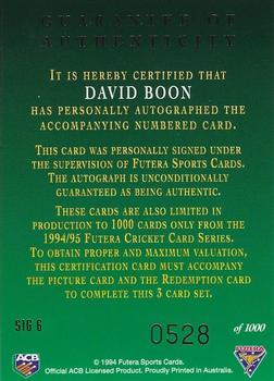 1994-95 Futera Cricket - Signature Series Certificate of Authenticity #Sig 6 David Boon Back