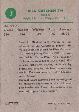 1961 A&BC Cricket 1961 Test Series (Large Border) #3 Bill Greensmith Back