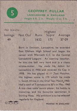 1961 A&BC Cricket 1961 Test Series (Large Border) #5 Geoffrey Pullar Back