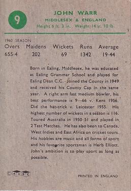 1961 A&BC Cricket 1961 Test Series (Large Border) #9 John Warr Back