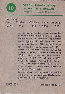 1961 A&BC Cricket 1961 Test Series (Large Border) #10 Derek Shackleton Back