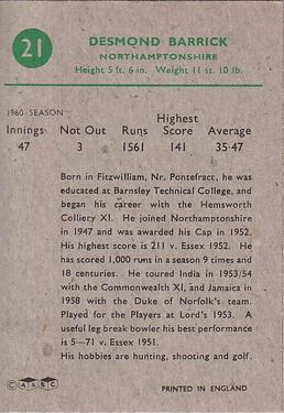 1961 A&BC Cricket 1961 Test Series (Large Border) #21 Des Barrick Back
