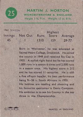 1961 A&BC Cricket 1961 Test Series (Large Border) #25 Martin Horton Back