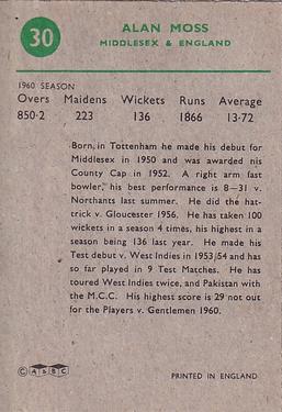 1961 A&BC Cricket 1961 Test Series (Large Border) #30 Alan Moss Back