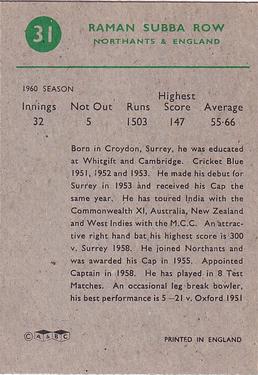 1961 A&BC Cricket 1961 Test Series (Large Border) #31 Raman Subba Row Back