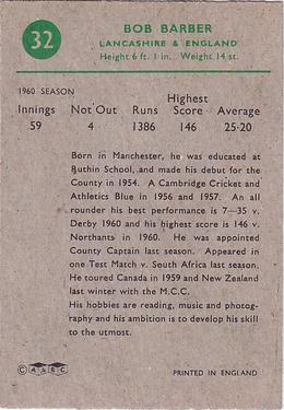 1961 A&BC Cricket 1961 Test Series (Large Border) #32 Bob Barber Back