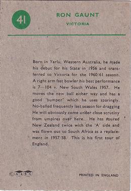1961 A&BC Cricket 1961 Test Series (Large Border) #41 Ron Gaunt Back