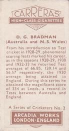 1934 Carreras A Series Of Cricketers #2 Don Bradman Back