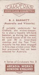 1934 Carreras A Series Of Cricketers #3 Ben Barnett Back