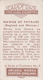 1934 Carreras A Series Of Cricketers #4 Nawab of Pataudi Back