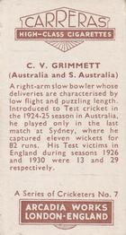 1934 Carreras A Series Of Cricketers #7 Clarrie Grimmett Back