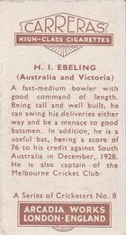 1934 Carreras A Series Of Cricketers #8 Hans Ebeling Back
