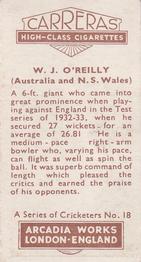 1934 Carreras A Series Of Cricketers #18 Bill O'Reilly Back