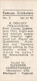 1955 Clevedon Confectionery Famous Cricketers #5 Tom Dollery Back