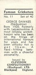 1955 Clevedon Confectionery Famous Cricketers #11 George Dawkes Back