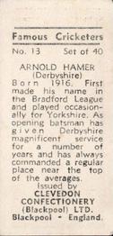 1955 Clevedon Confectionery Famous Cricketers #13 Arnold Hamer Back