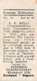 1955 Clevedon Confectionery Famous Cricketers #16 Bryan Wells Back