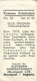 1955 Clevedon Confectionery Famous Cricketers #20 Dick Spooner Back