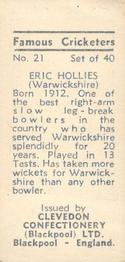 1955 Clevedon Confectionery Famous Cricketers #21 Eric Hollies Back
