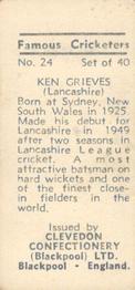 1955 Clevedon Confectionery Famous Cricketers #24 Ken Grieves Back