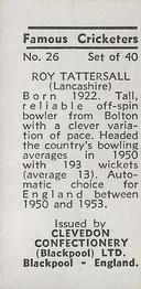 1955 Clevedon Confectionery Famous Cricketers #26 Roy Tattersall Back