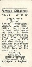 1955 Clevedon Confectionery Famous Cricketers #33 Ken Suttle Back