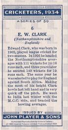 1989 Imperial Tobacco Ltd. 1934 Player's Cricketers (Reprint) #6 Edward Clark Back