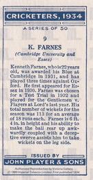 1989 Imperial Tobacco Ltd. 1934 Player's Cricketers (Reprint) #9 Ken Farnes Back