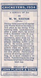 1989 Imperial Tobacco Ltd. 1934 Player's Cricketers (Reprint) #16 Walter Keeton Back