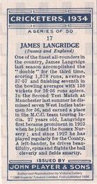 1989 Imperial Tobacco Ltd. 1934 Player's Cricketers (Reprint) #17 James Langridge Back