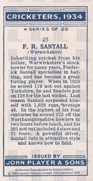 1989 Imperial Tobacco Ltd. 1934 Player's Cricketers (Reprint) #25 Reg Santall Back