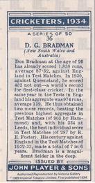 1989 Imperial Tobacco Ltd. 1934 Player's Cricketers (Reprint) #36 Don Bradman Back