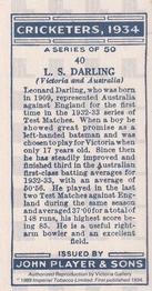 1989 Imperial Tobacco Ltd. 1934 Player's Cricketers (Reprint) #40 Len Darling Back