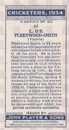 1989 Imperial Tobacco Ltd. 1934 Player's Cricketers (Reprint) #42 Chuck Fleetwood-Smith Back