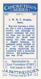 1997 Card Promotions 1926 J.A.Pattreiouex Cricketers (reprint)) #11 Johnny Douglas Back