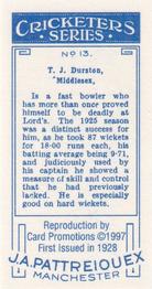 1997 Card Promotions 1926 J.A.Pattreiouex Cricketers (reprint)) #13 John Durston Back