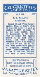 1997 Card Promotions 1926 J.A.Pattreiouex Cricketers (reprint)) #18 Archie MacLaren Back
