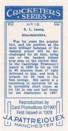 1997 Card Promotions 1926 J.A.Pattreiouex Cricketers (reprint)) #19 Gilbert Jessop Back