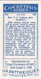 1997 Card Promotions 1926 J.A.Pattreiouex Cricketers (reprint)) #29 Sammy Jackson Back